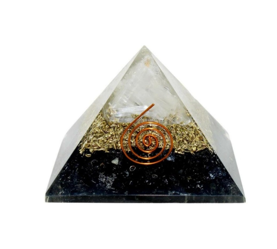 Black tourmaline and selenite orgonite pyramid