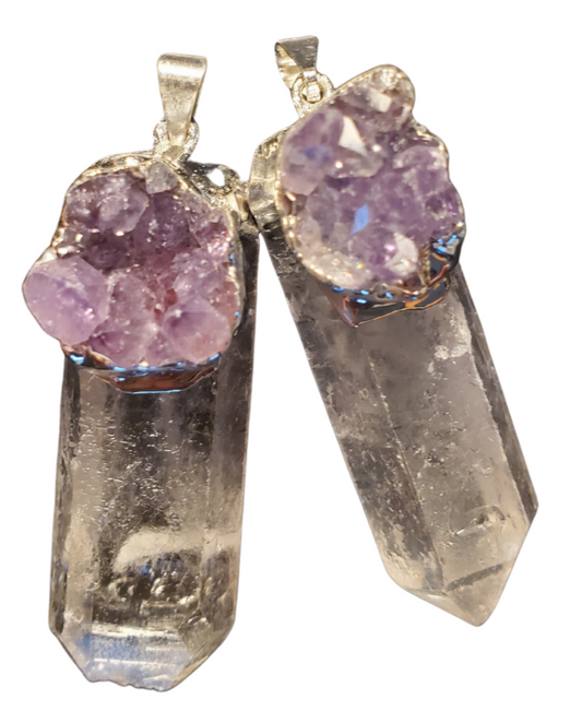 Clear quart point with amethyst cluster pendant