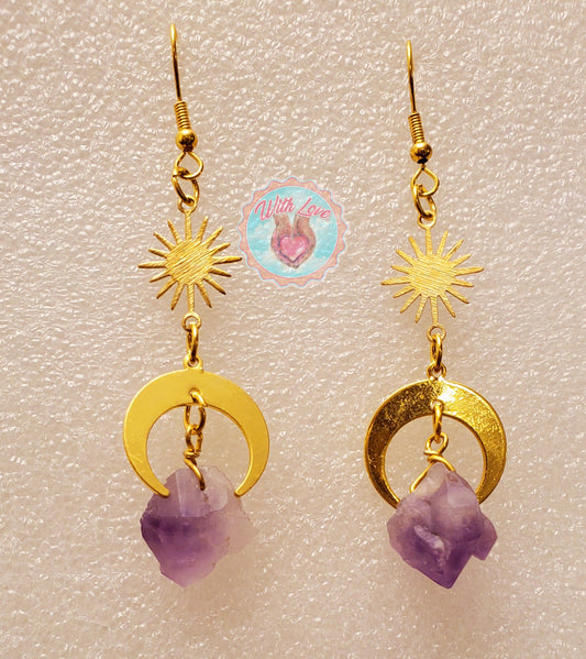 Sun, moon and amethyst earrings