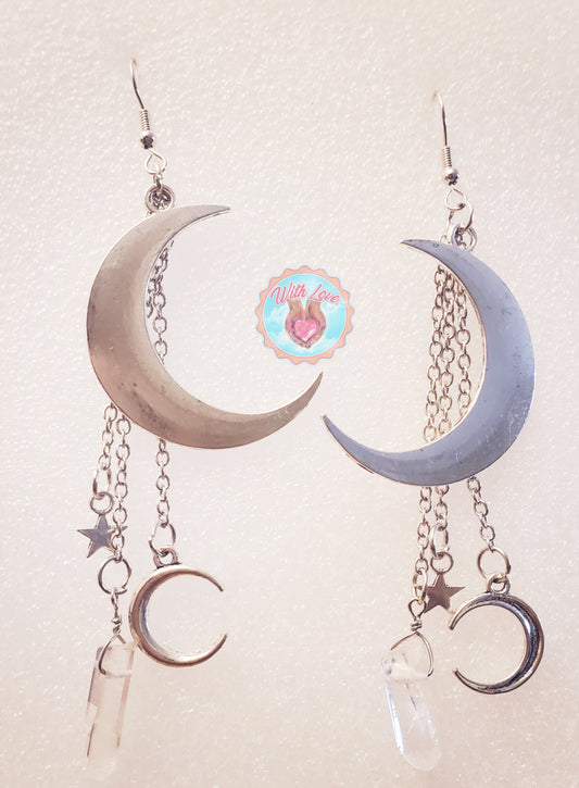 Moon and stars clear quartz earrings